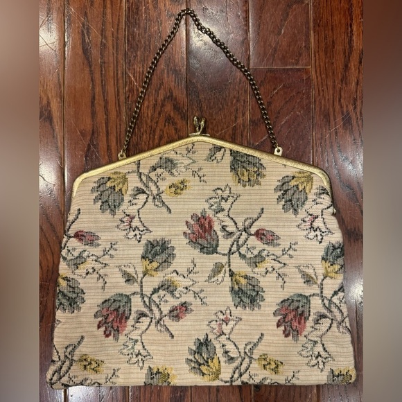 Handbags - Vintage Tapestry Clutch Floral Bag Chain Handle Cream Green Yellow Red Artsy Art
